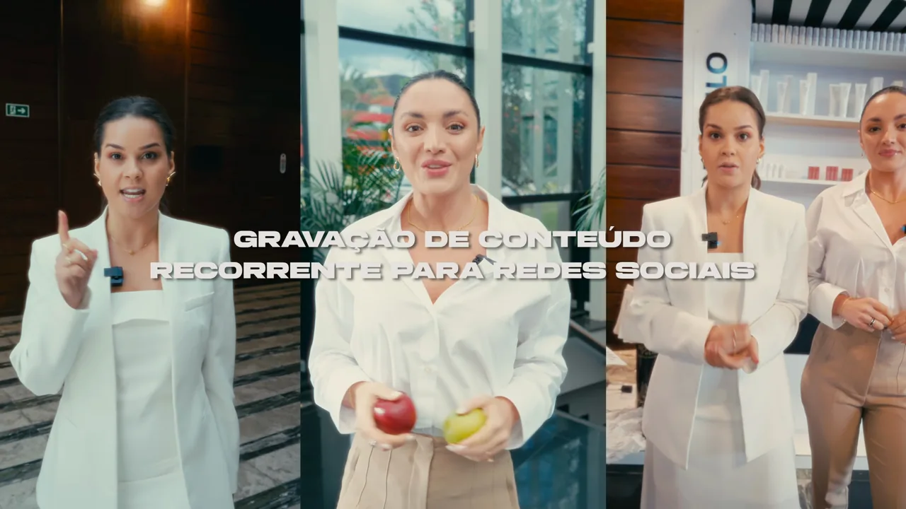 Três quadros verticais lado a lado, com mulheres de roupa branca falando para a câmera, e o texto Gravação de conteúdo recorrente para redes sociais
